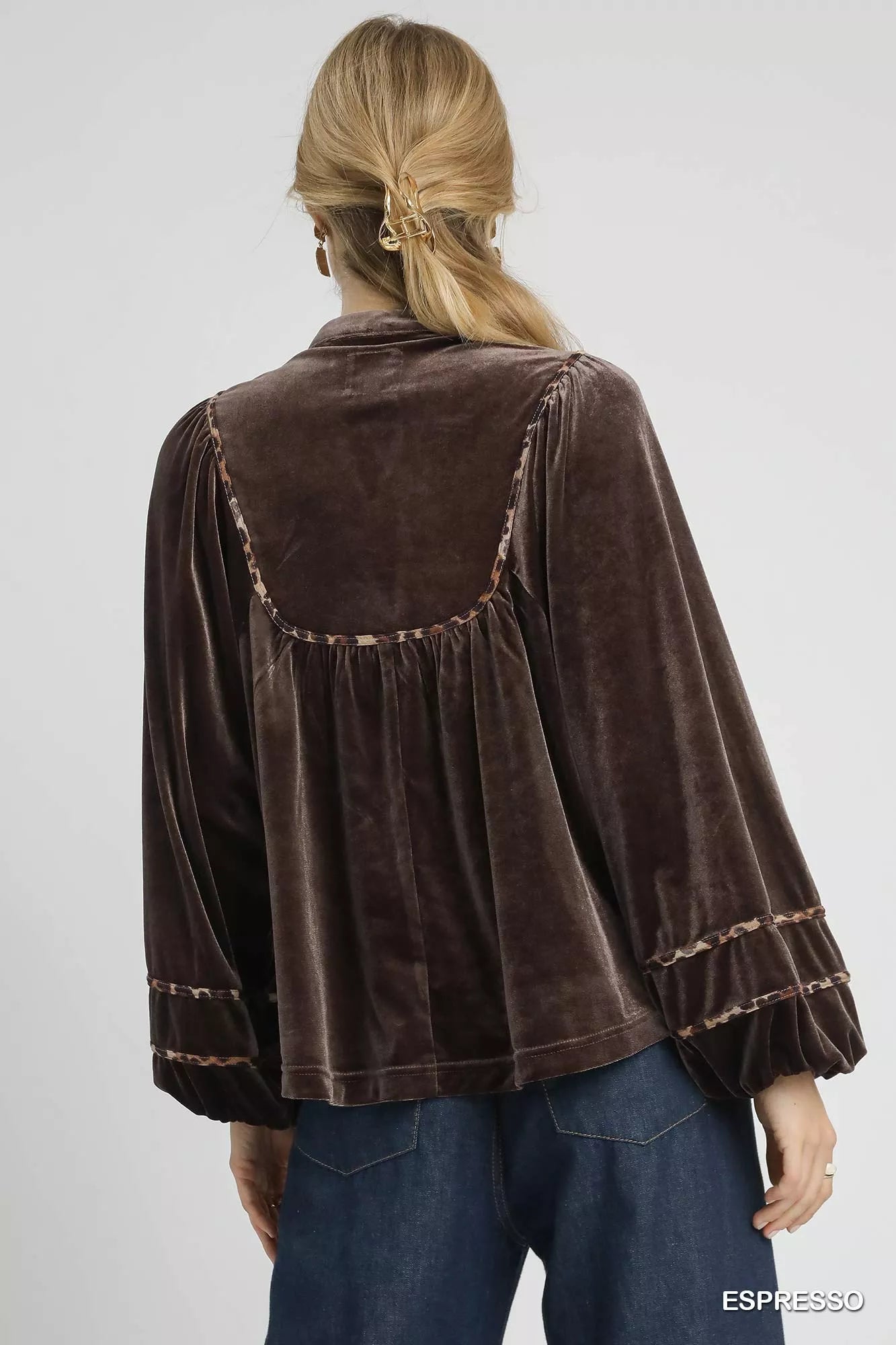 Umgee Velvet Long Sleeve Blouse with Contrast Trim OutfitFlow