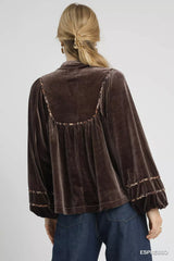 Umgee Velvet Long Sleeve Blouse with Contrast Trim OutfitFlow