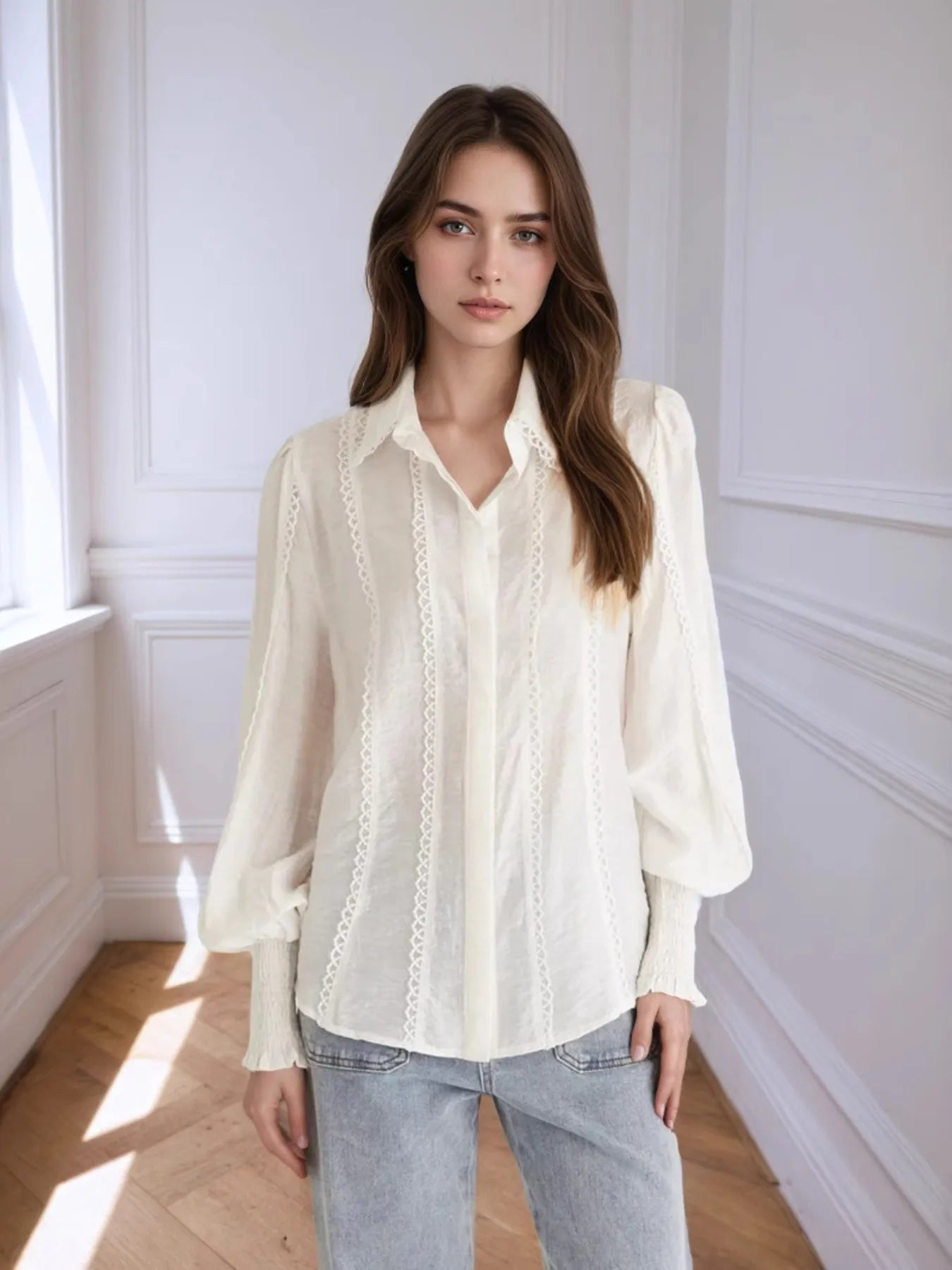 Collared Neck Lantern Sleeve Shirt OutfitFlow