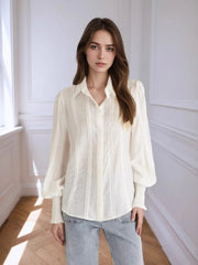 Collared Neck Lantern Sleeve Shirt OutfitFlow
