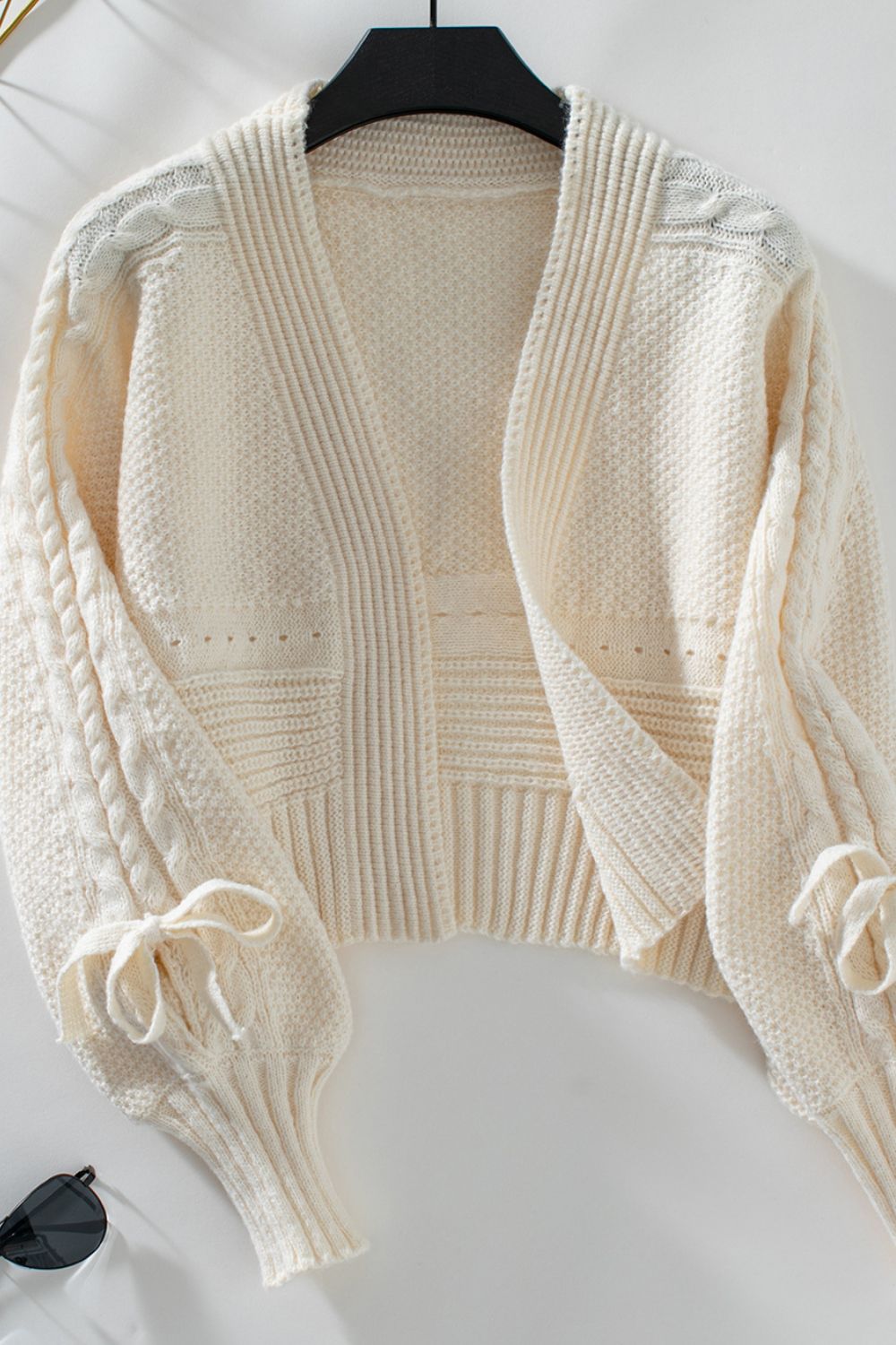 Outfit Flow - Cable-Knit Tied Open Front Lantern Sleeve Cardigan