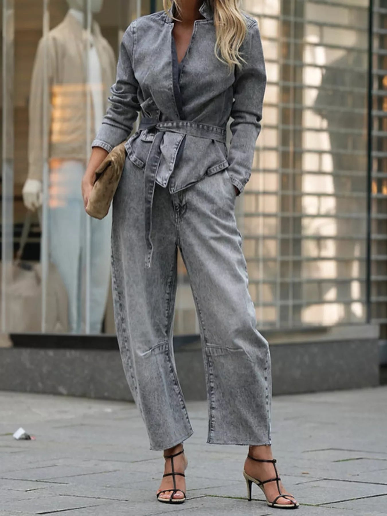 Long Sleeve Top and Wide Leg Jeans Denim Set Gray OutfitFlow