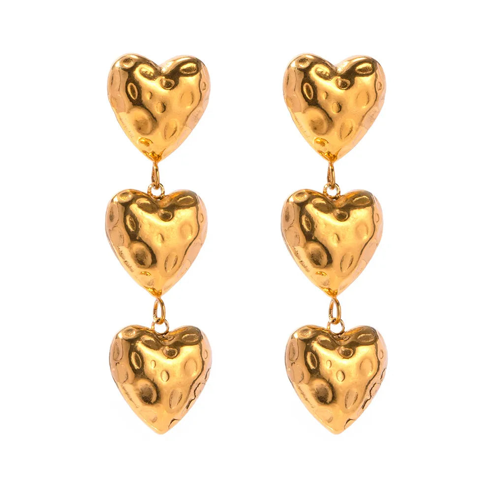 18K Gold-Plated Triple Heart Drop Earrings OutfitFlow