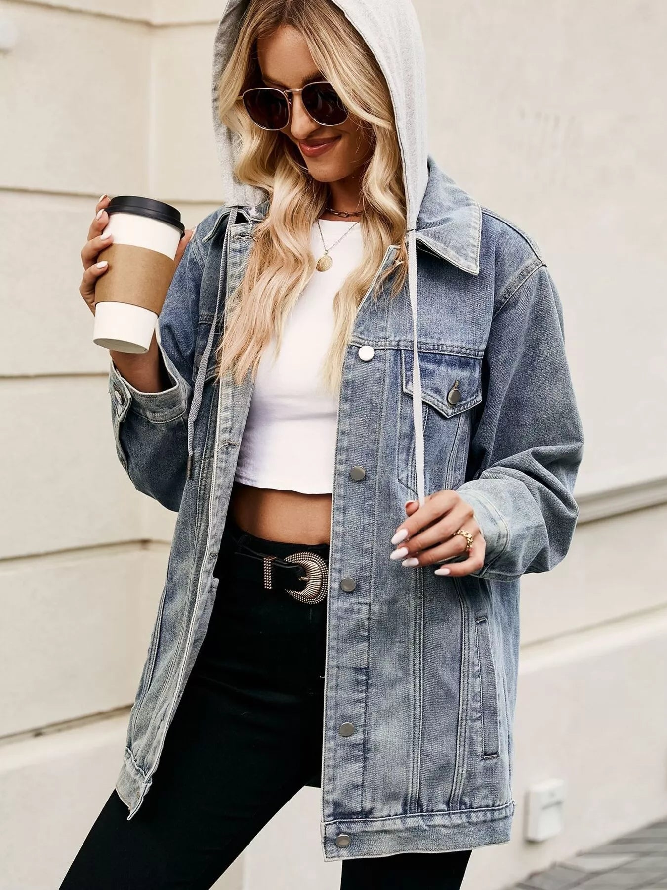 Button Up Long Sleeve Denim Jacket OutfitFlow