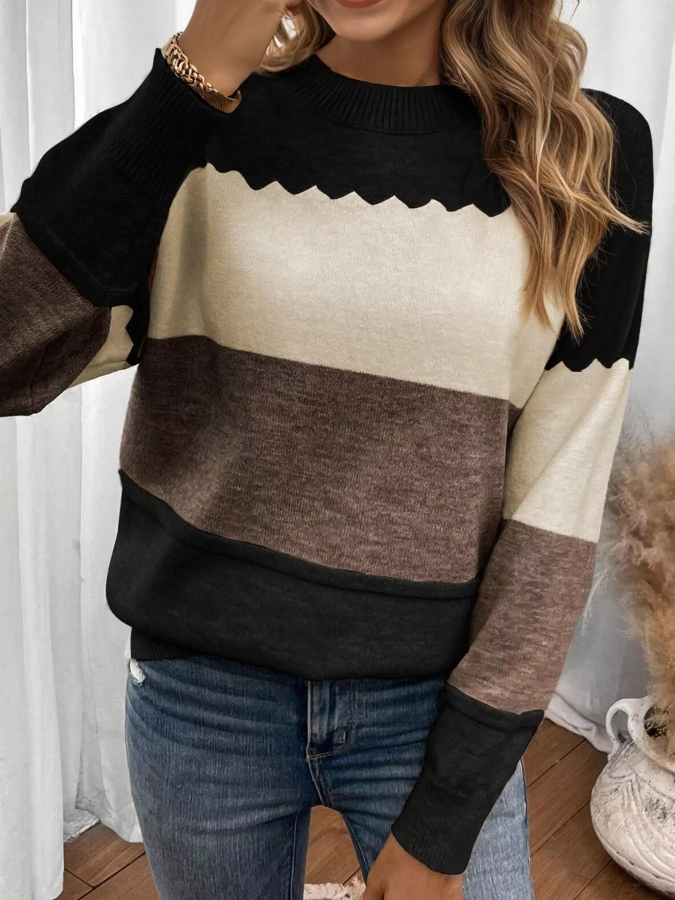 Color Block Crew Neck Drop Shoulder Sweater OutfitFlow
