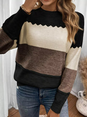 Color Block Crew Neck Drop Shoulder Sweater OutfitFlow