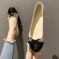 Round Toe Bow Flats White OutfitFlow
