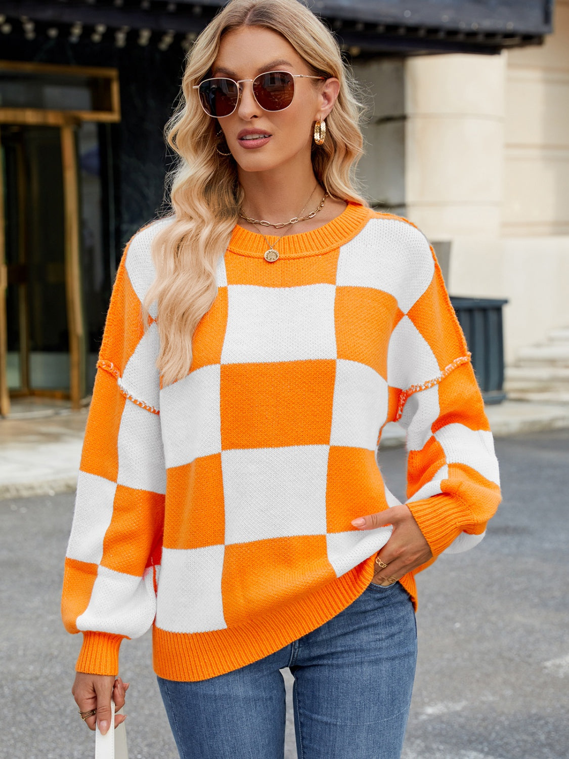 Outfit Flow - Checkered Round Neck Long Sleeve Sweater