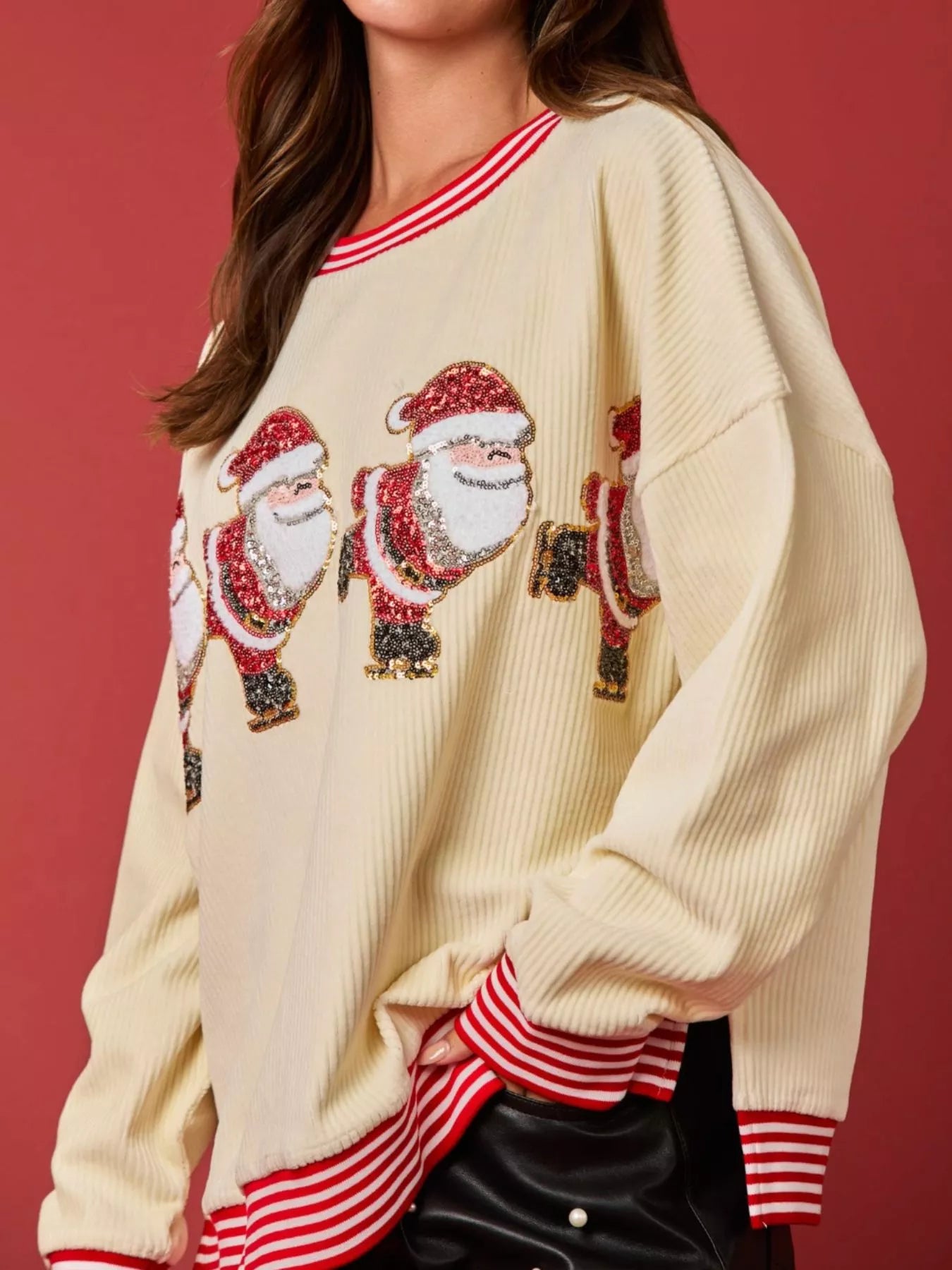 Christmas Sequin Candy Cane and Santa Sweatshirt with Striped Hem OutfitFlow