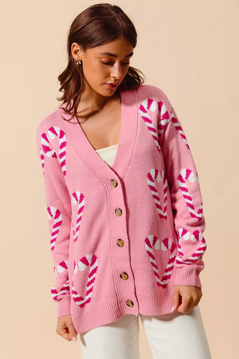 SO ME Christmas Candy Cane Button Front Sweater Cardigan OutfitFlow