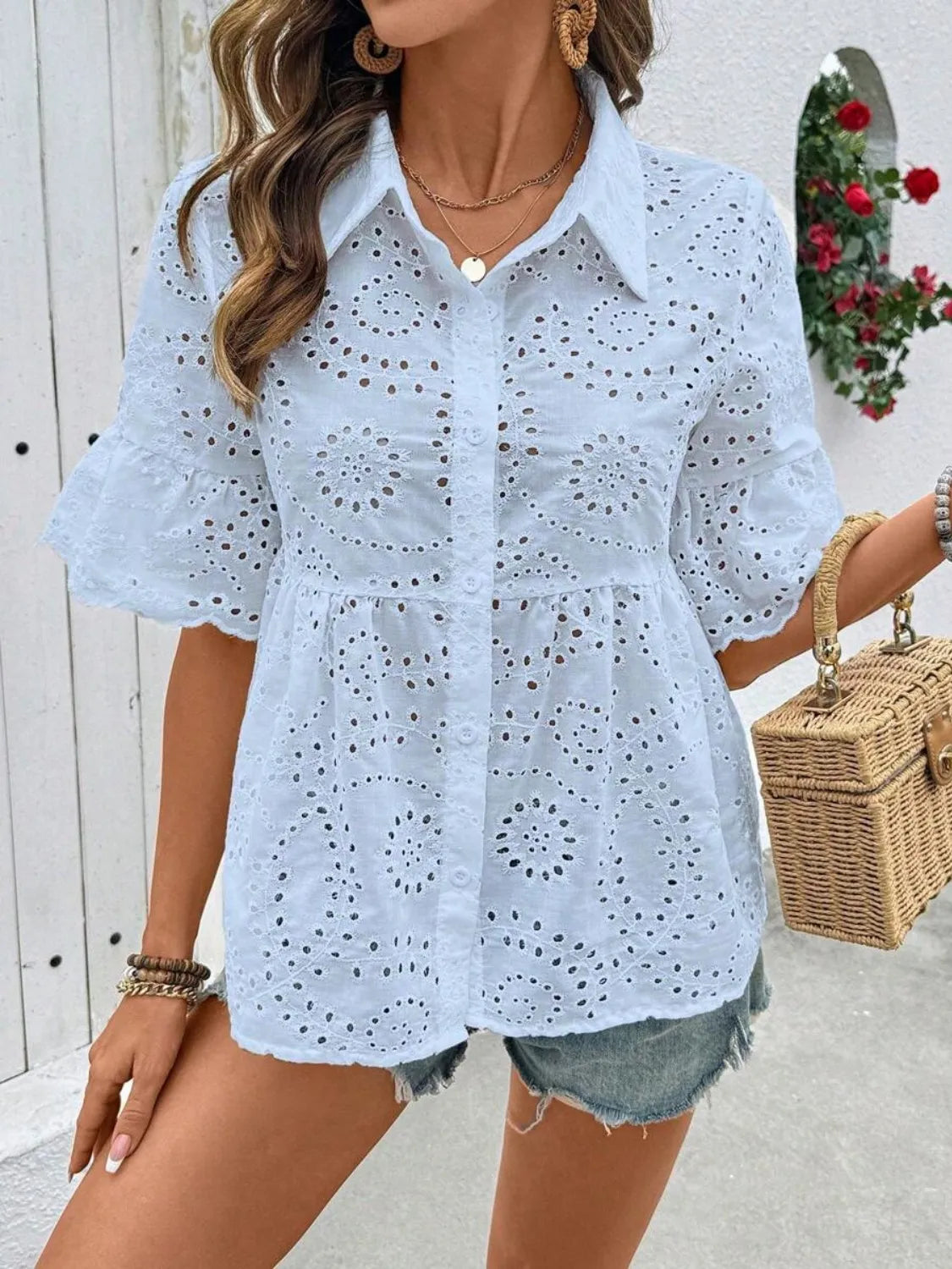 Eyelet Solid Collared Neck Half Sleeve Shirt OutfitFlow