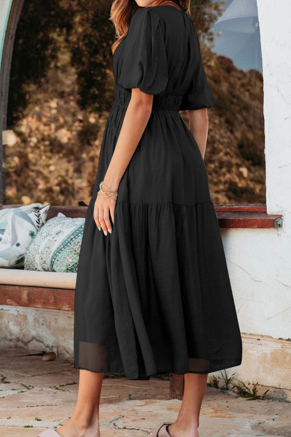 Puff Sleeve Pleated High Waist Flowy Midi Dress OutfitFlow