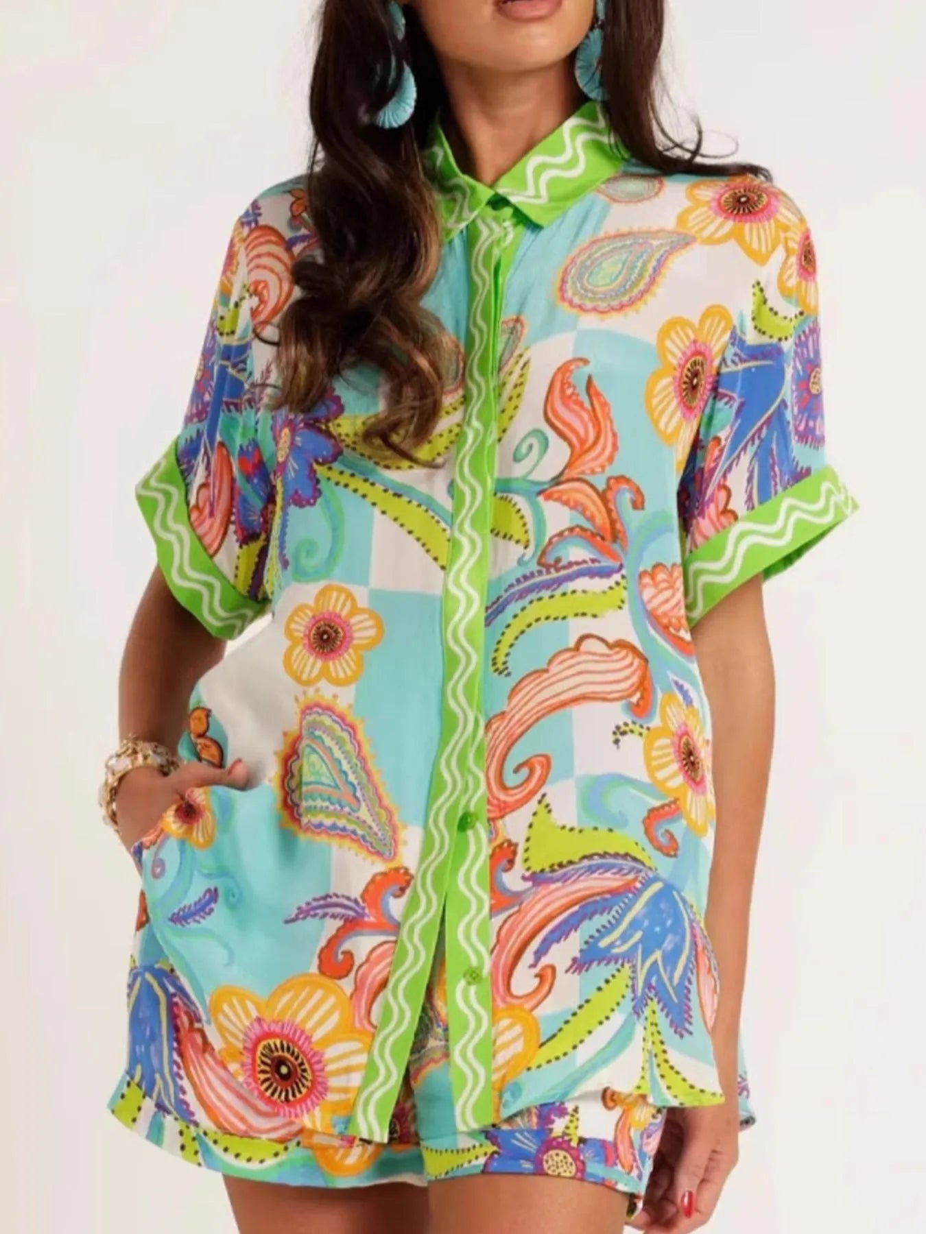Printed Button Up Shirt and Shorts Set OutfitFlow