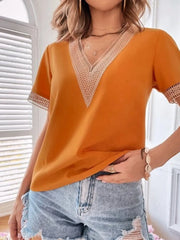Full Size Contrast V-Neck Short Sleeve Blouse Plus Size OutfitFlow