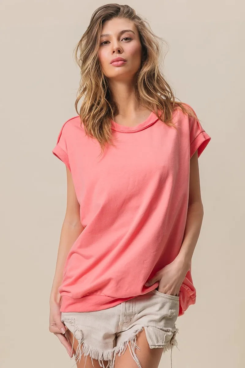 BiBi French Terry Drop Shoulder Basic Top OutfitFlow