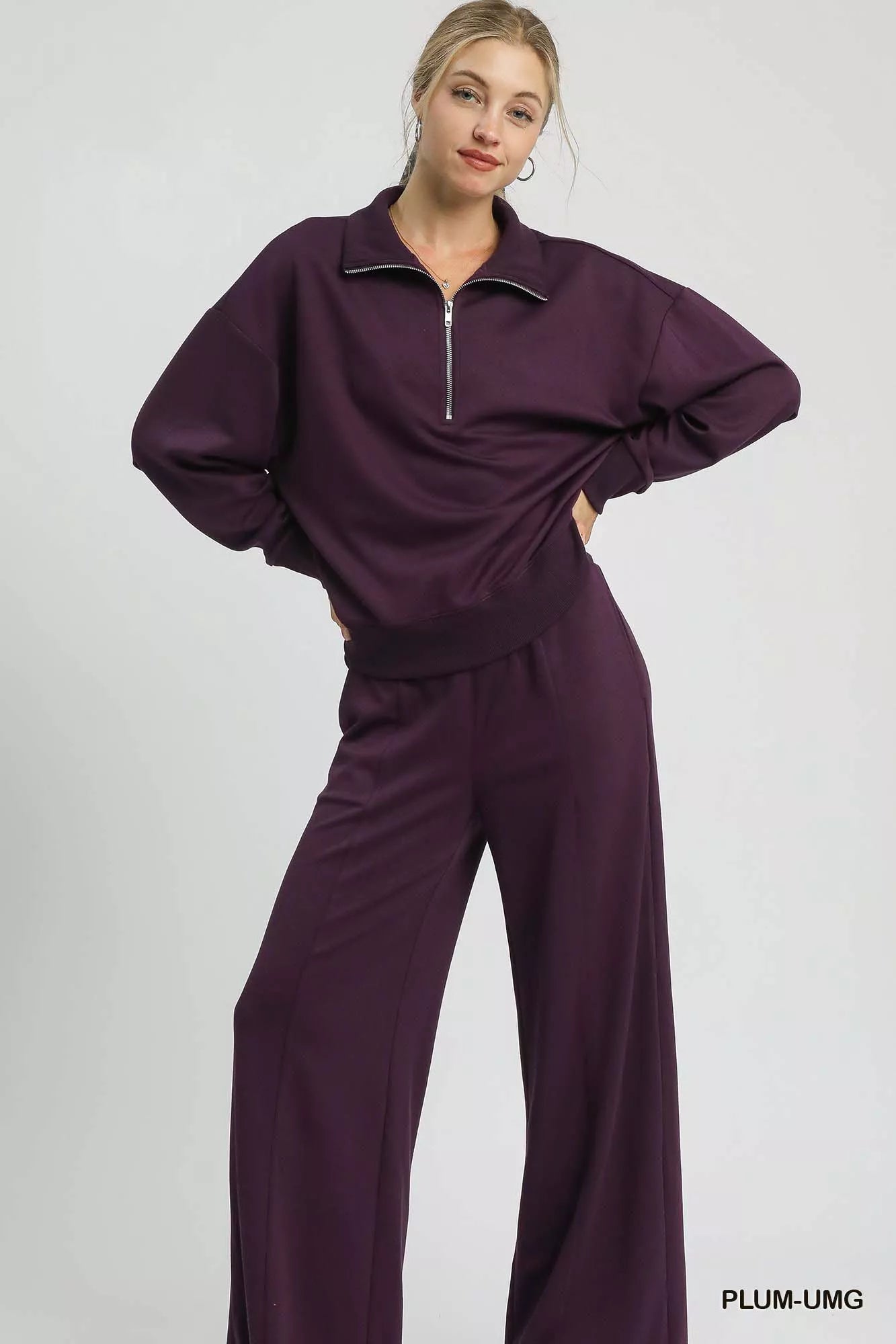 Umgee Half Zip Drop Shoulder Sweatshirt OutfitFlow