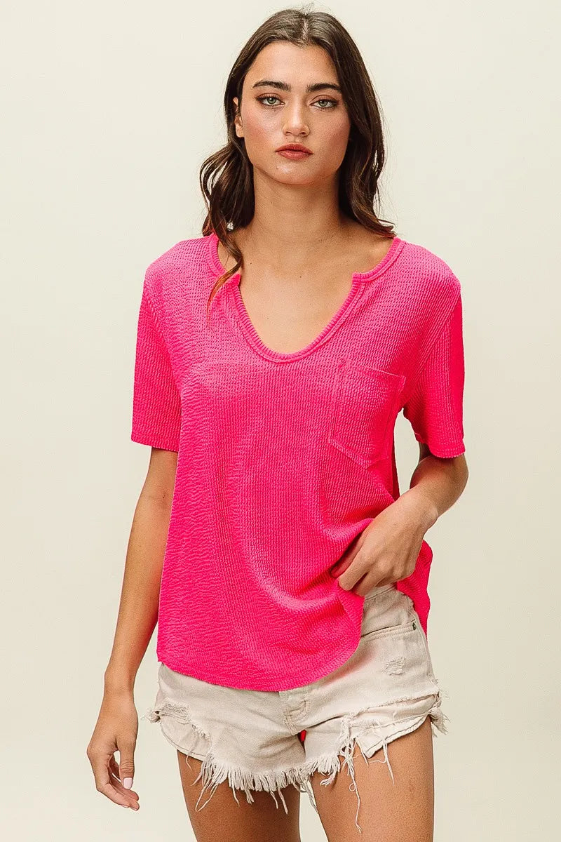 BiBi Waved Rib U Neck Top With Front Pocket OutfitFlow