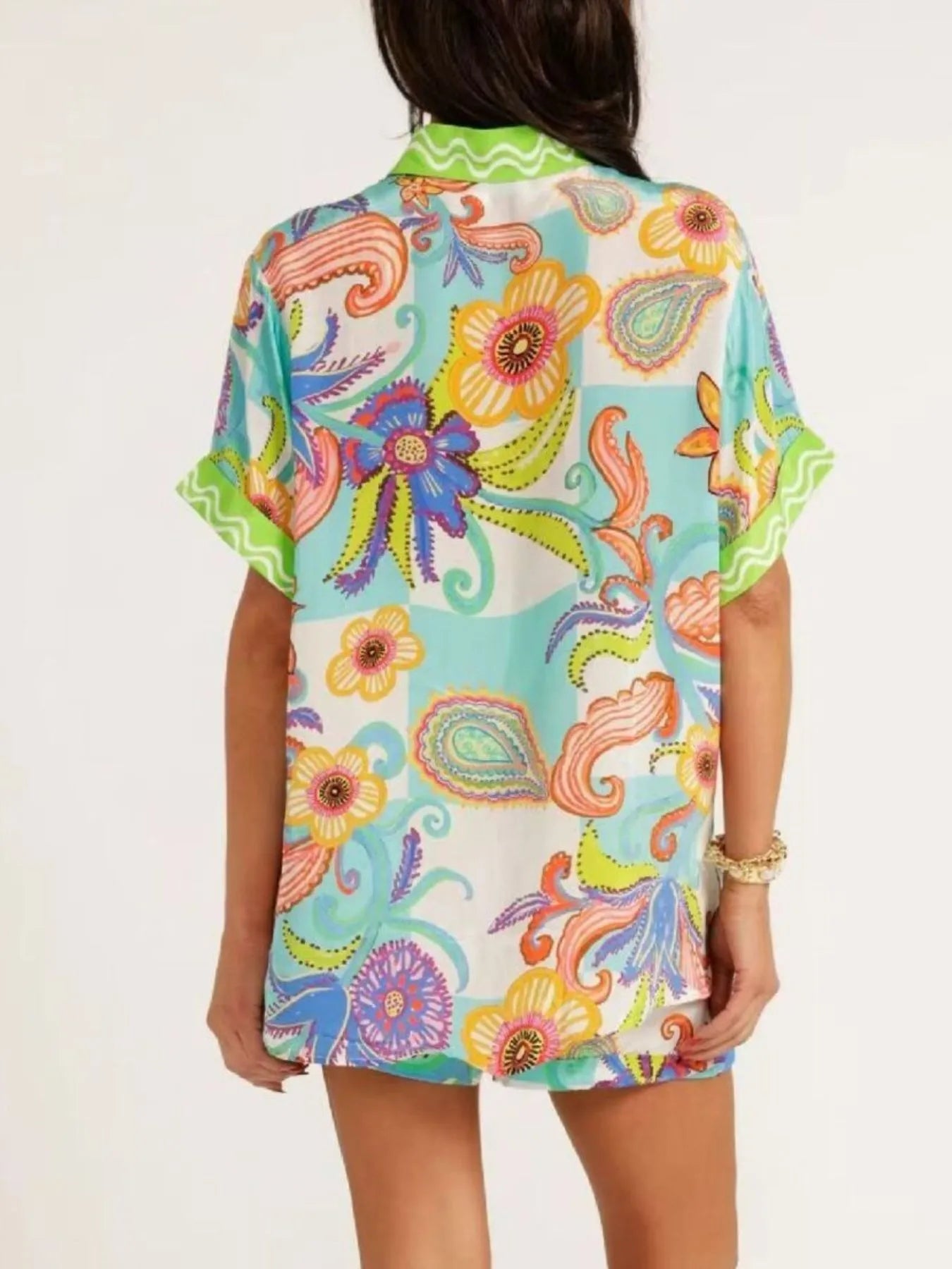 Printed Button Up Shirt and Shorts Set OutfitFlow