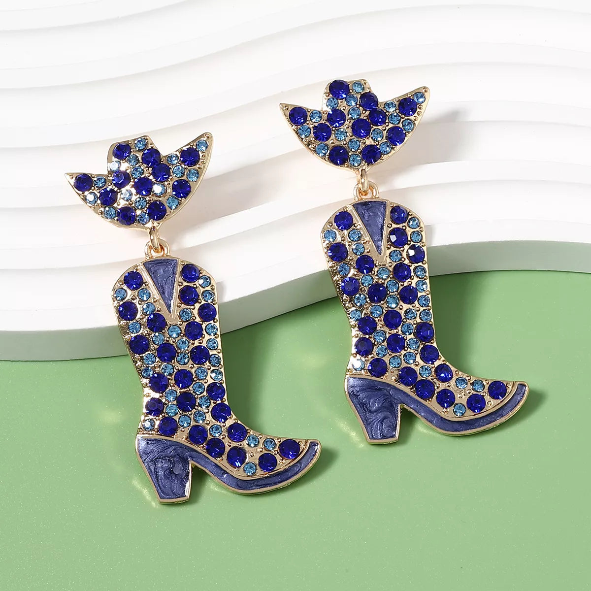 Rhinestone Cowboy Boot Dangle Earrings Royal Blue onesize OutfitFlow