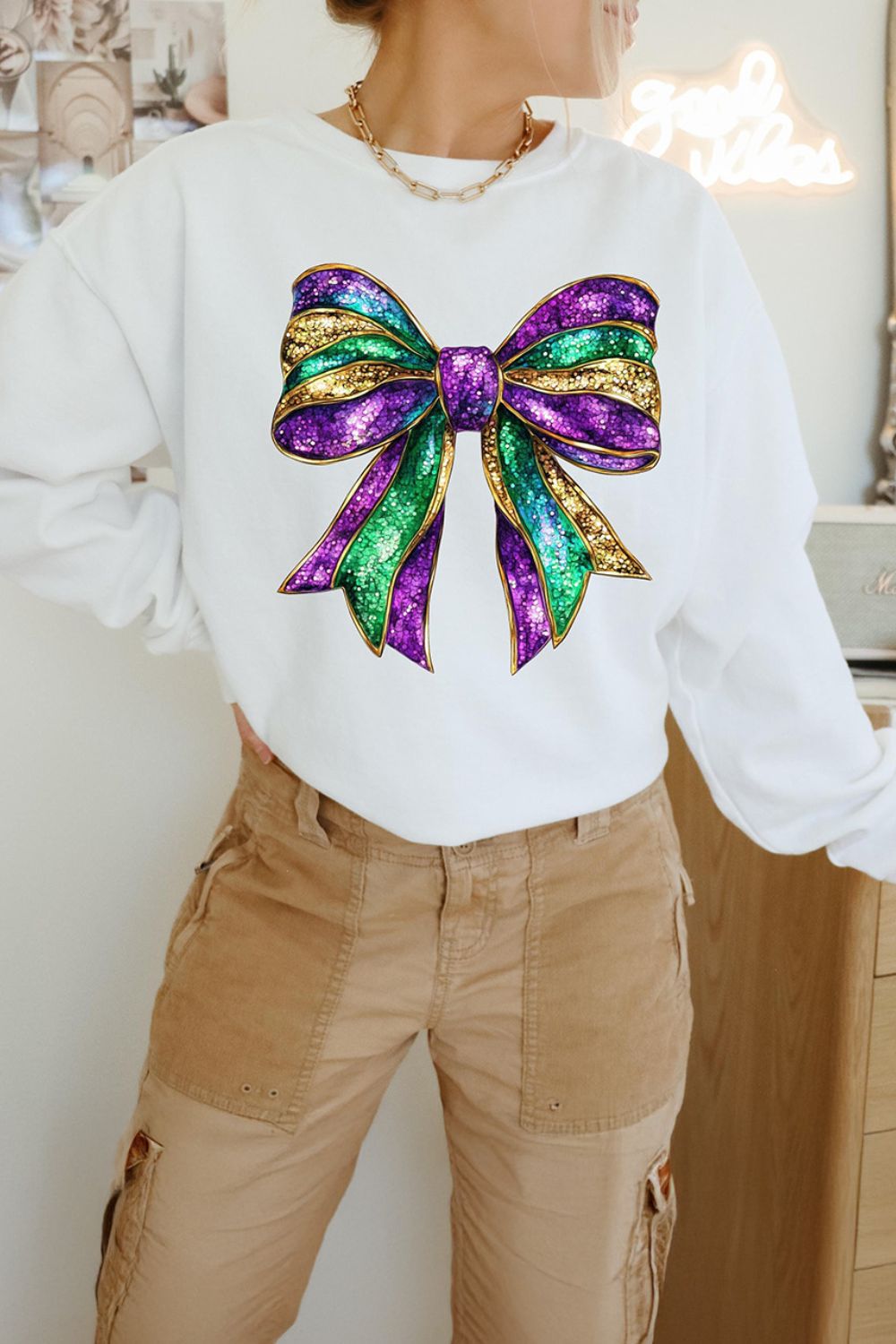 Bow Round Neck Long Sleeve Sweatshirt OutfitFlow