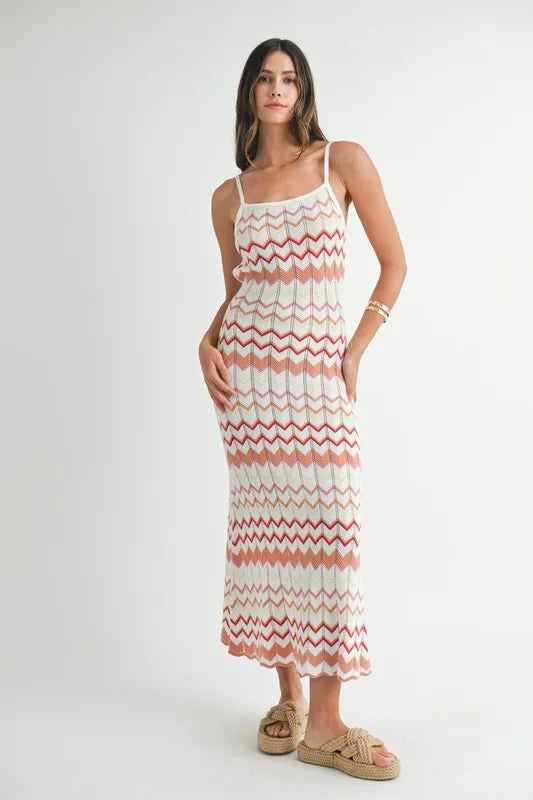 MABLE Lightweight Pointelle Chevron Knit Maxi Dress Salmon OutfitFlow