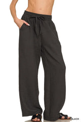 Zenana Woven Crepe Elastic Band Pants BLACK Trendsi