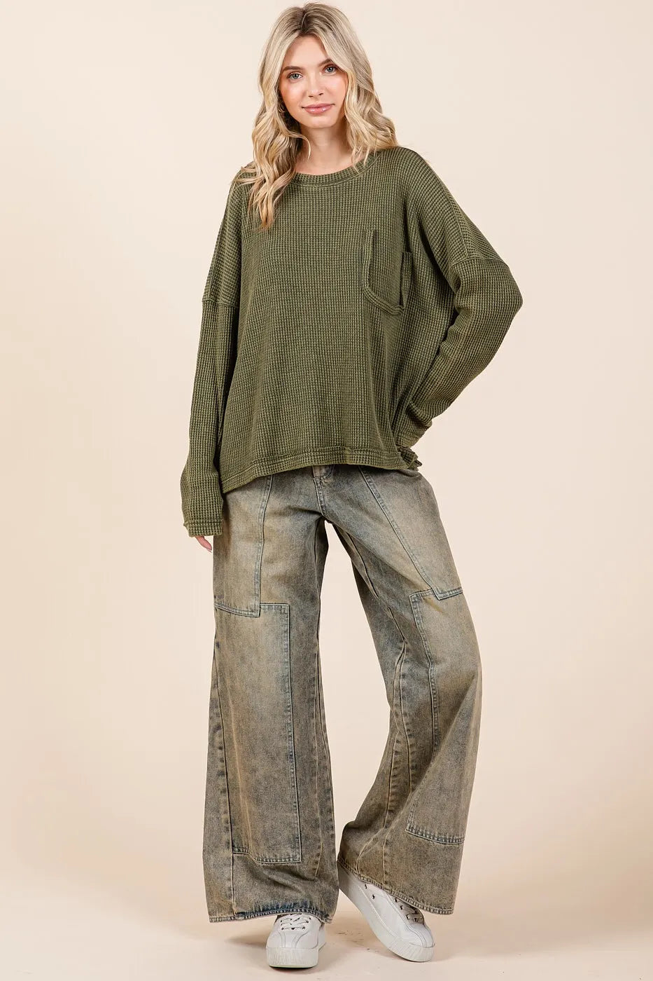 Mittoshop Mineral Wash Cutout Pocket Long Sleeve Waffle Top OutfitFlow