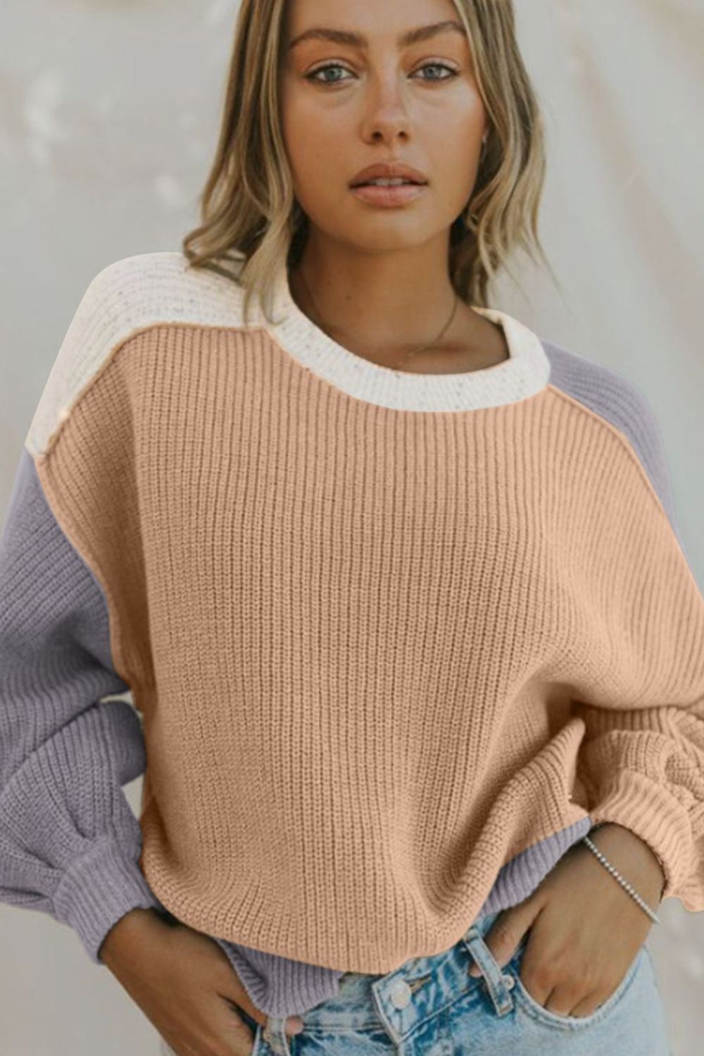 Outfit Flow - Color Block Round Neck Drop Shoulder Sweater