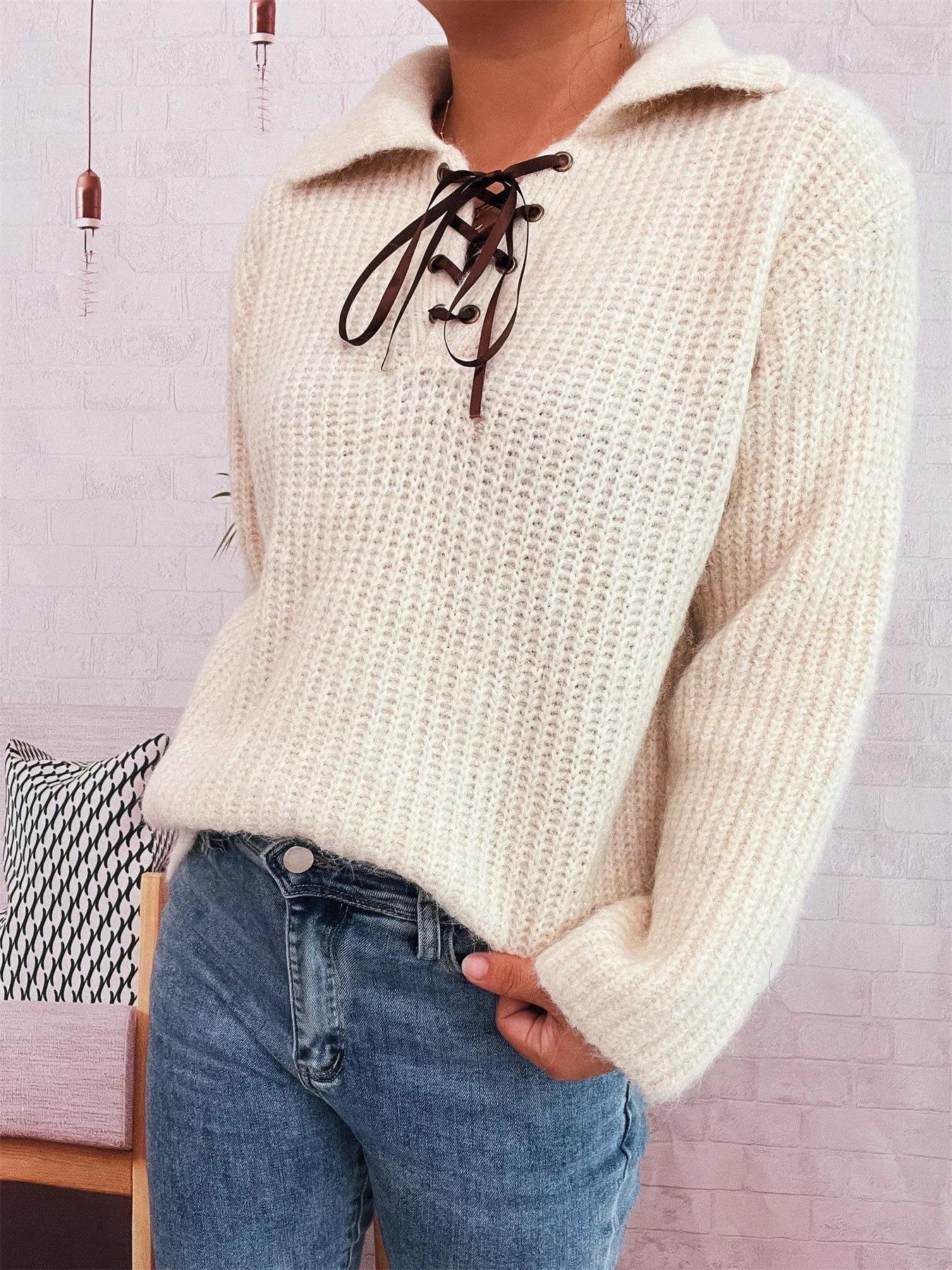 Lace Up Long Sleeve Sweater White One Size OutfitFlow