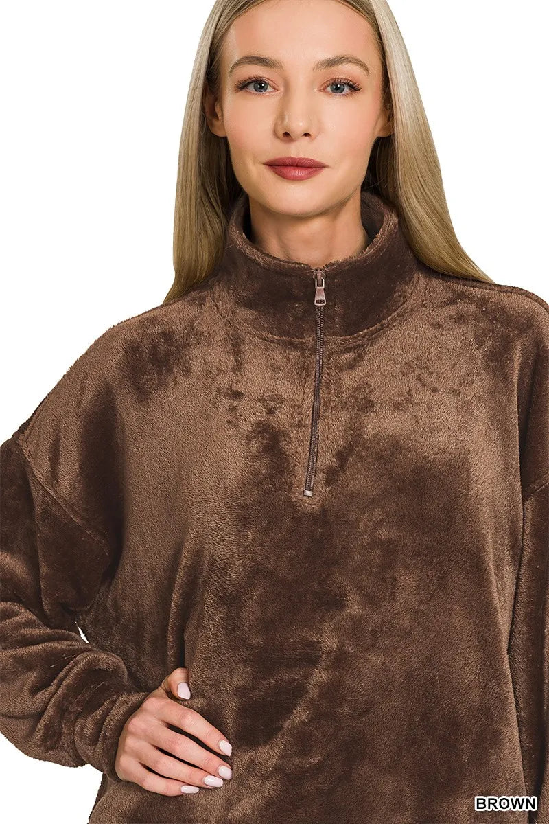 Zenana Faux Fur Half Zip Pocket Pullover OutfitFlow