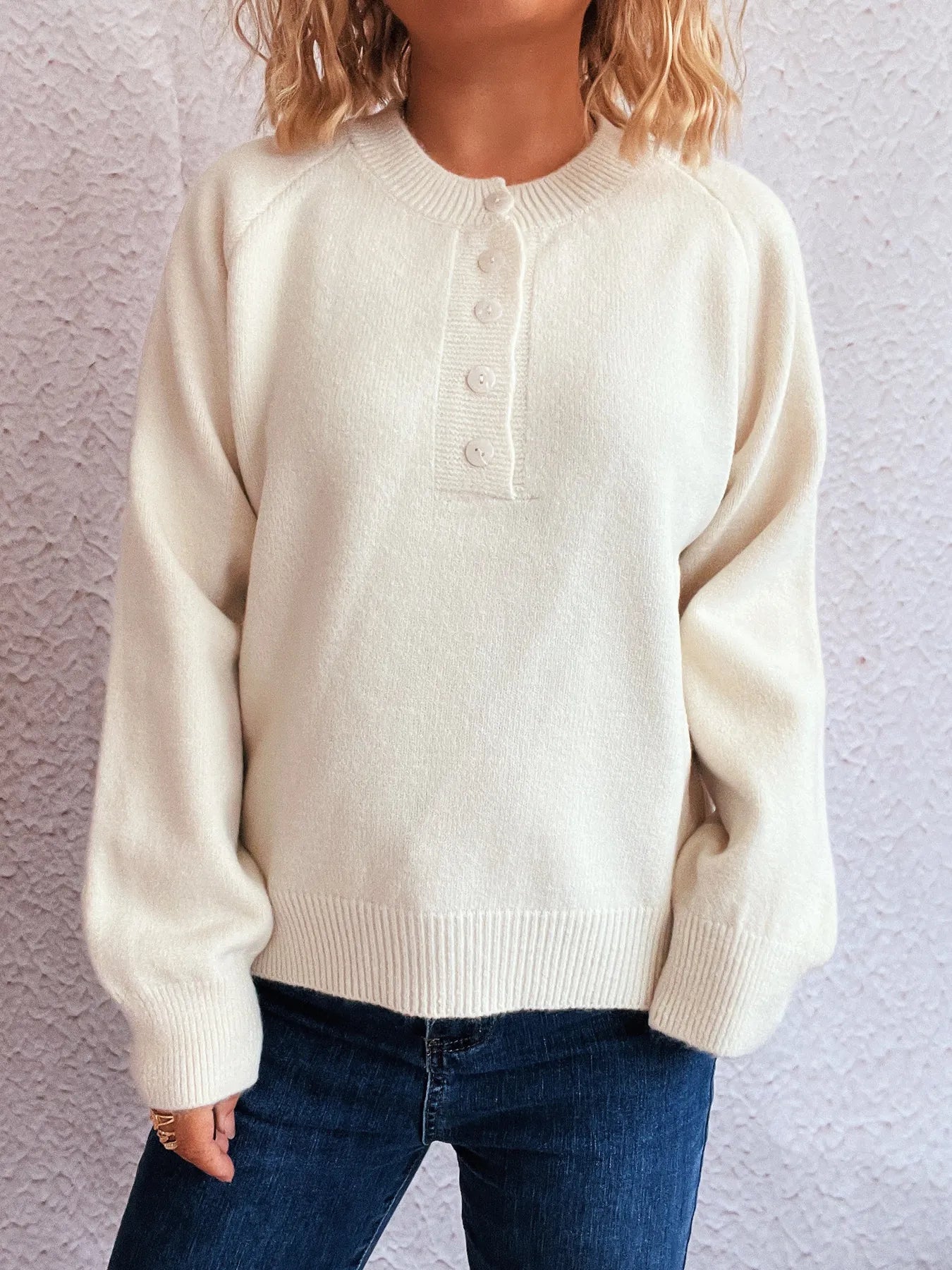 Button-Front Long Sleeve Sweater OutfitFlow