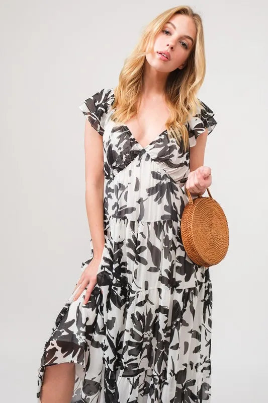 And The Why Ruffled Sleeve Tiered Floral Print Maxi Dress OutfitFlow