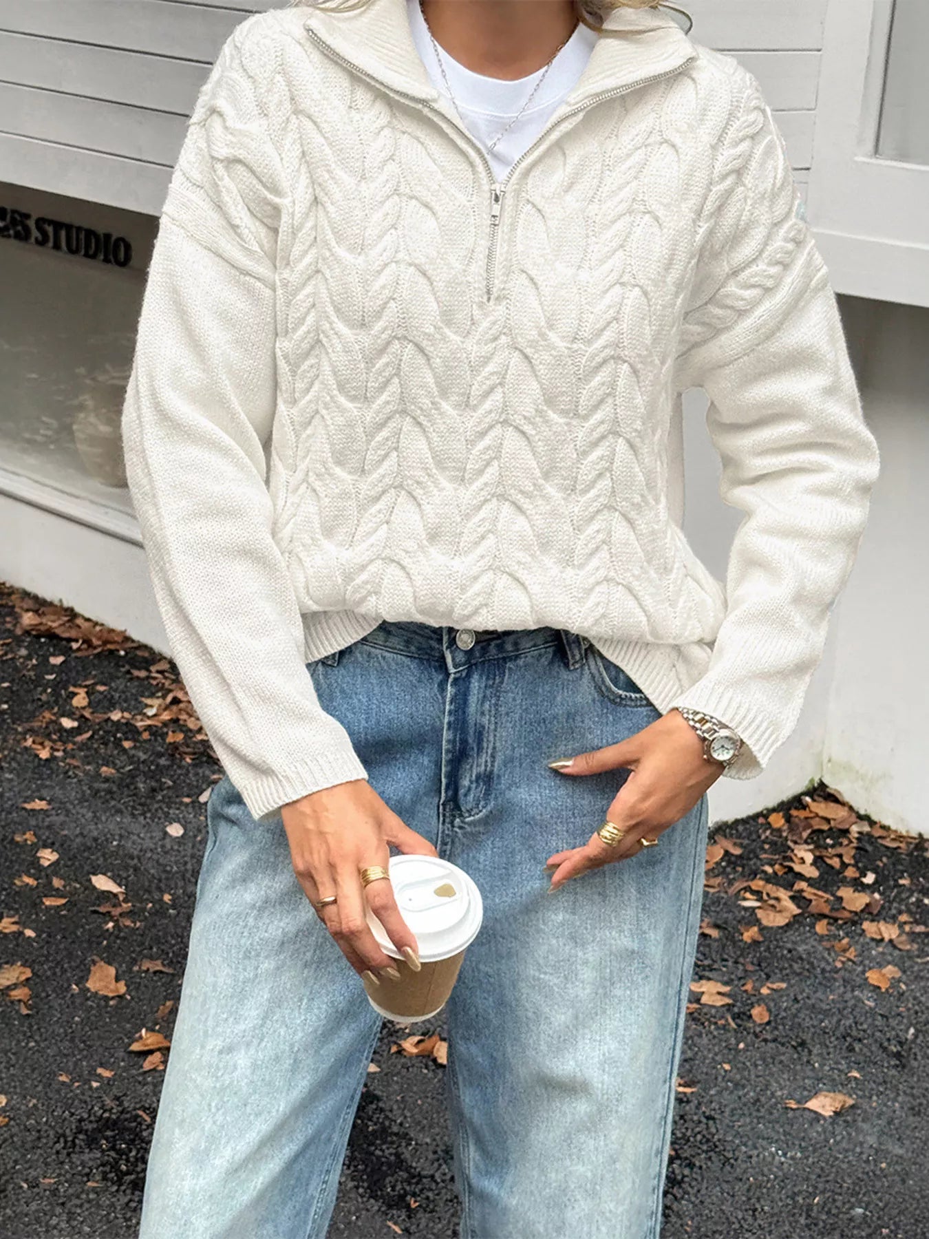 Zip Collar Cable-Knit Sweater OutfitFlow