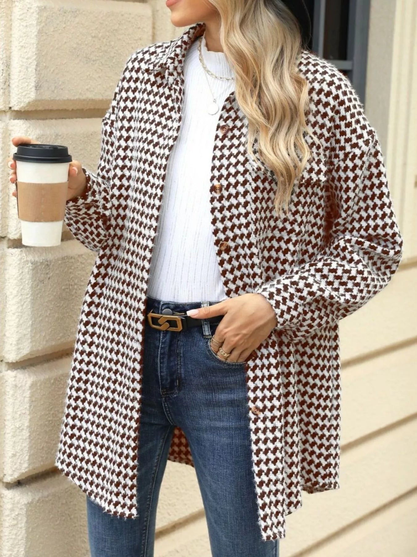 Houndstooth Button Up Long Sleeve Coat Trendsi
