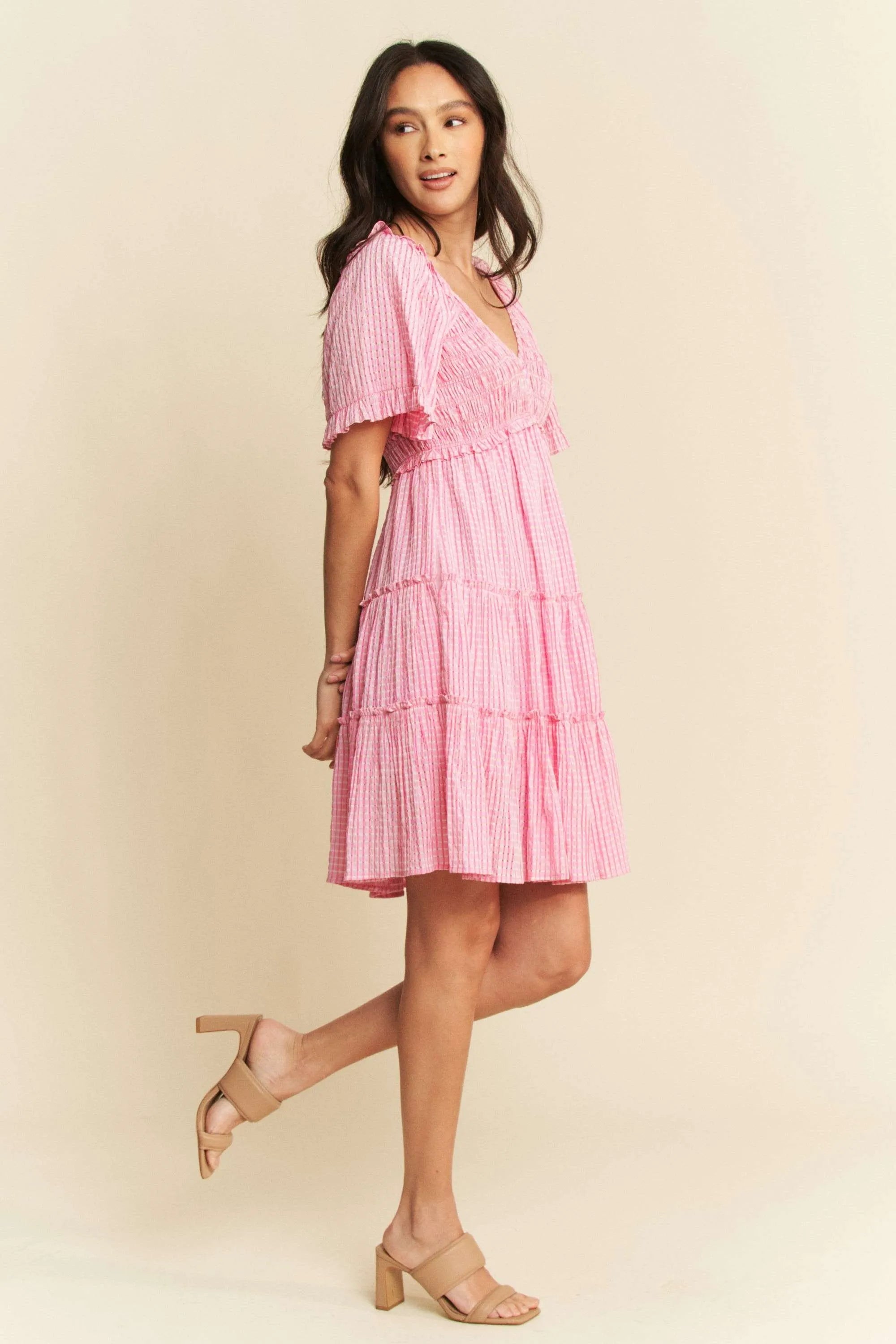 Davi & Dani Jacquard Checker Smocking Tiered Dress OutfitFlow