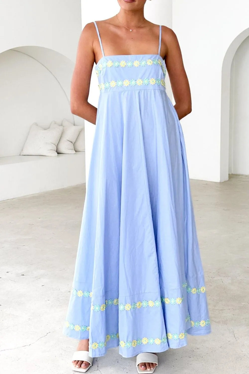 Floral Embroidered Spaghetti Strap Maxi Dress OutfitFlow