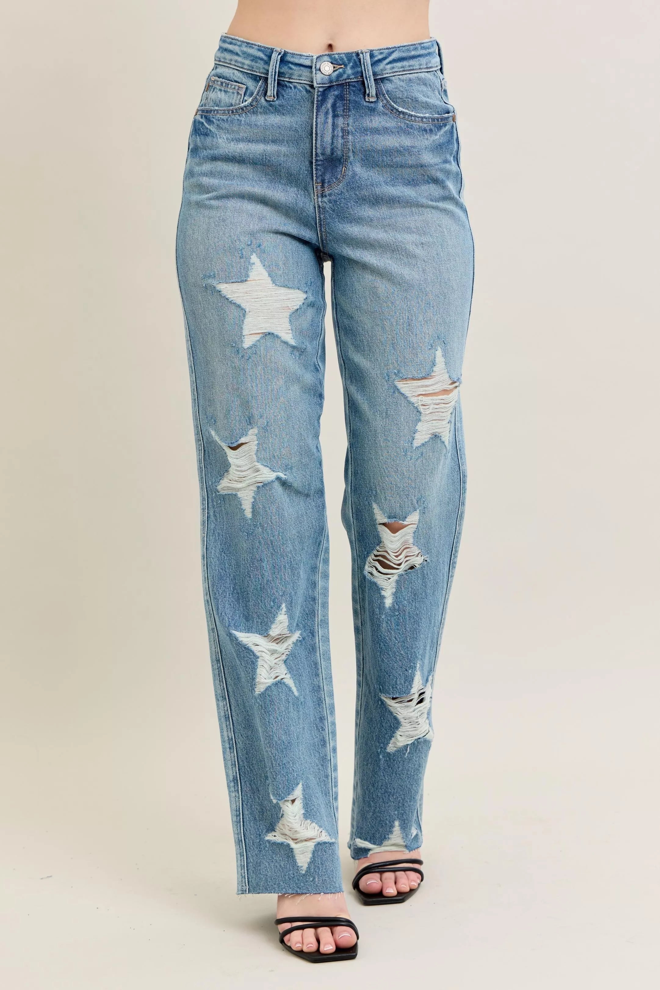 Judy Blue Full Size High Waist Rigid Magic Star Shaped Destroy 90's Straight Jeans Plus Size OutfitFlow