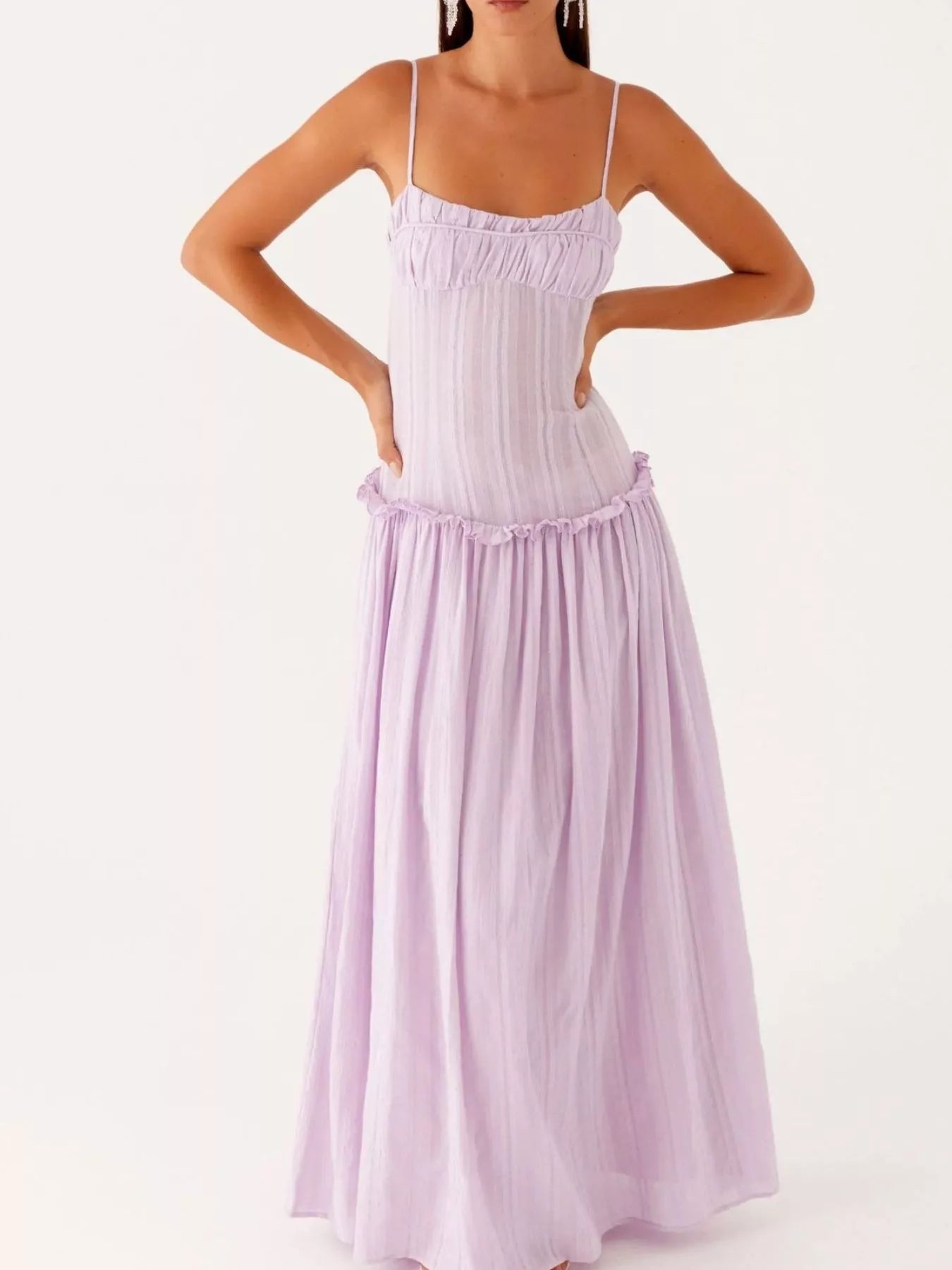 Frill Spaghetti Strap Maxi Dress Purple OutfitFlow