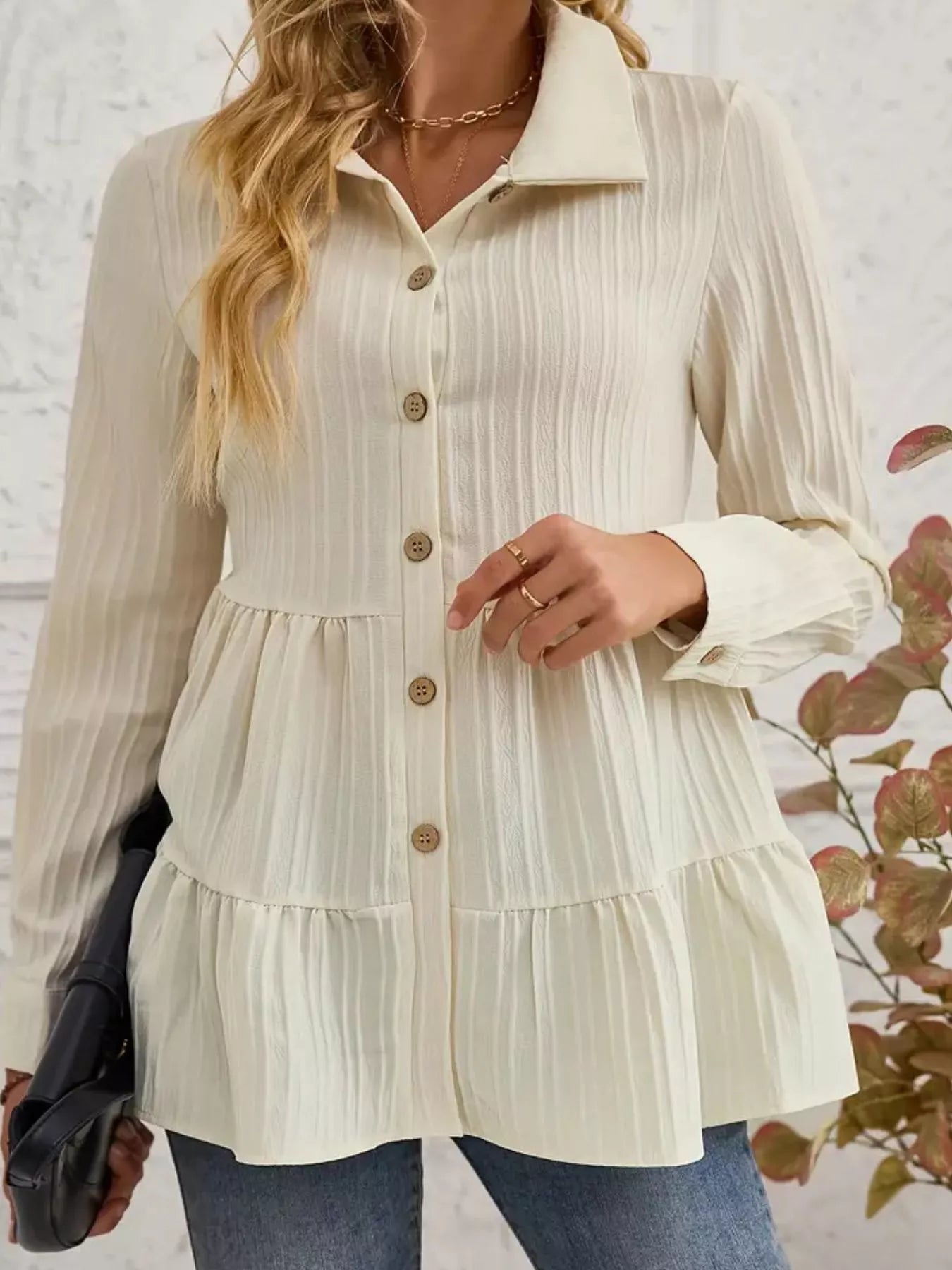 Button-Down Long Sleeve Tiered Shirt OutfitFlow