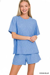 Zenana Soft Melange Short Sleeve Tee and Shorts Set OutfitFlow