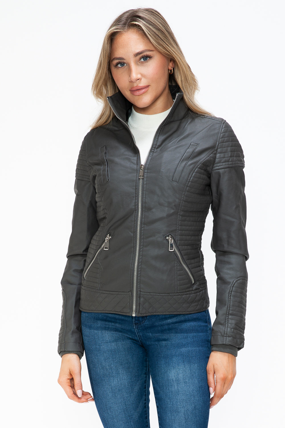 Outfit Flow - YMI Faux Layered Double-Zipper Jacket with Fuzzy Hood