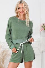 Outfit Flow - Round Neck Long Sleeve Top and Drawstring Shorts Lounge Set