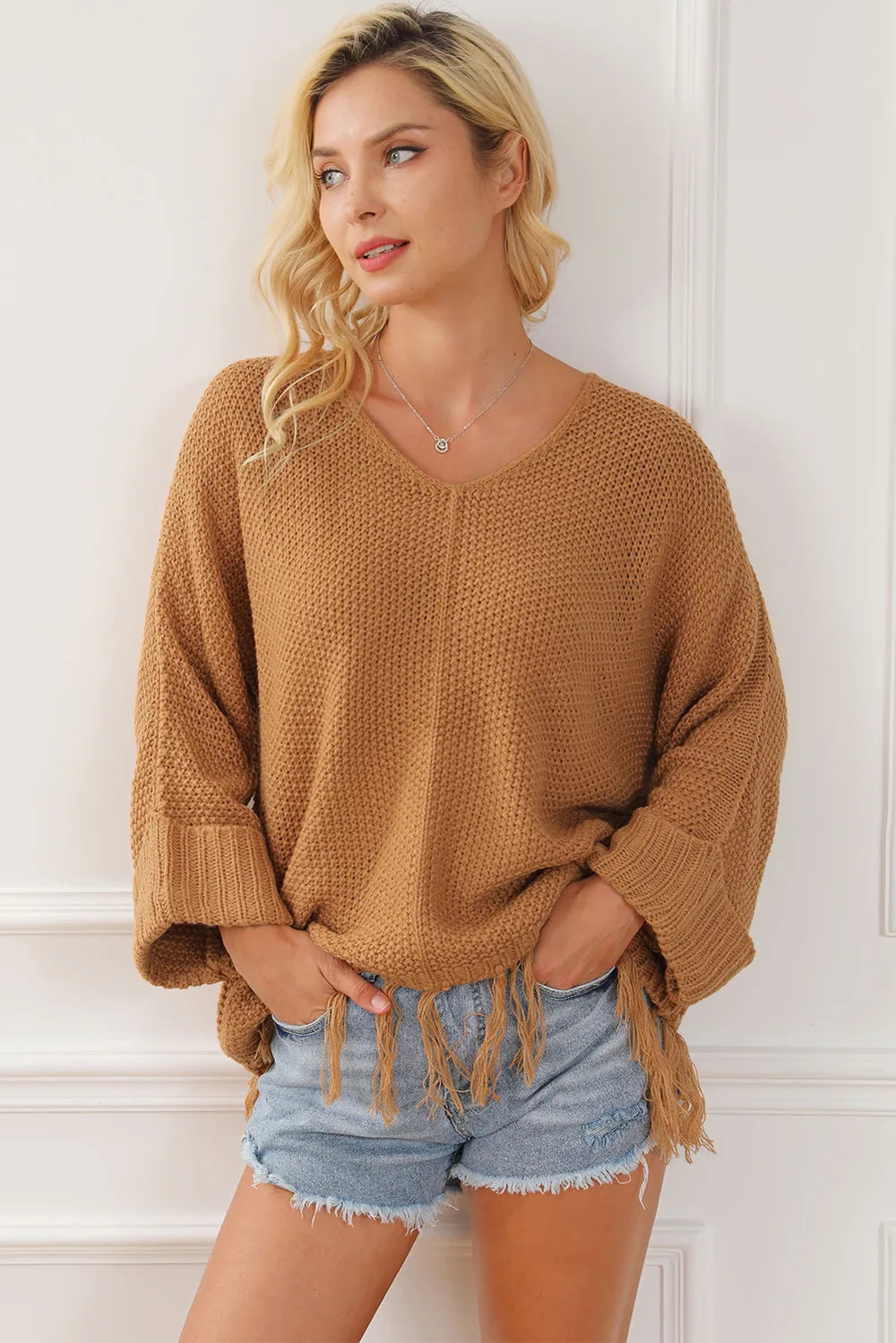 Fringe V-Neck Long Sleeve Sweater OutfitFlow