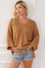 Fringe V-Neck Long Sleeve Sweater OutfitFlow