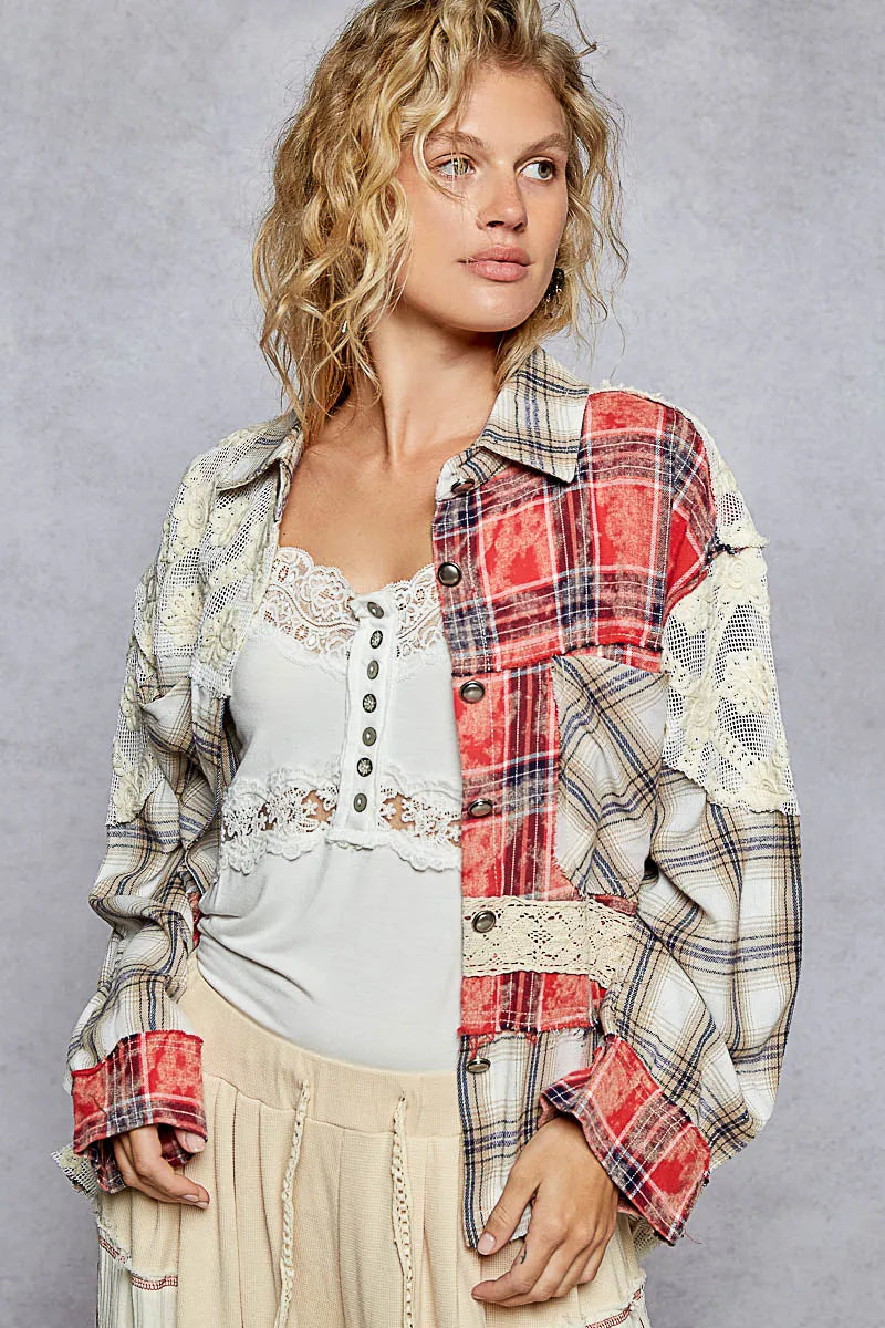 POL Lace Patchwork Plaid Oversized Shirt Red OutfitFlow
