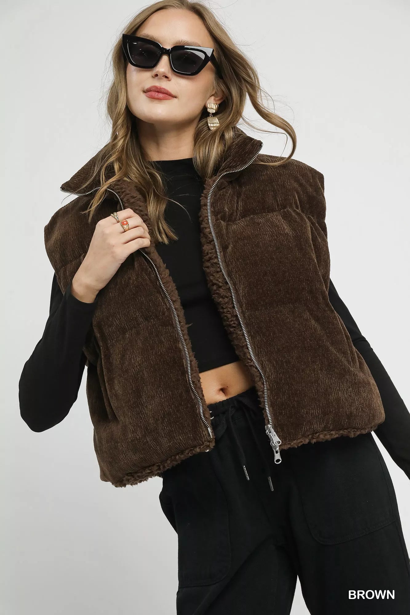 Umgee Sherpa-Lined Zip Vest with Drawstring Hem Trendsi