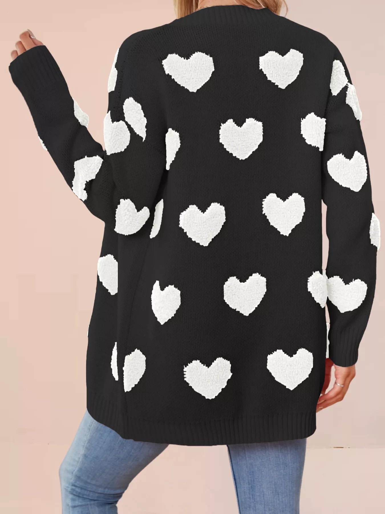 Heart Pattern Knit Button-Up Cardigan OutfitFlow