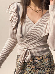 Ruffled Surplice Long Sleeve Knit Top OutfitFlow
