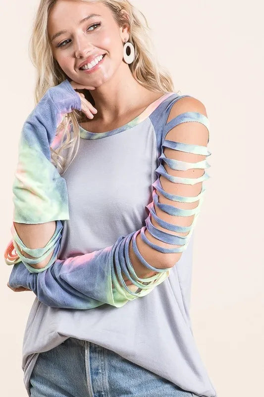 BiBi Jersey Knit Top with Tie Dye Laser Cut Sleeves OutfitFlow