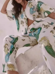 Printed Button Up Shirt and Pants Set OutfitFlow
